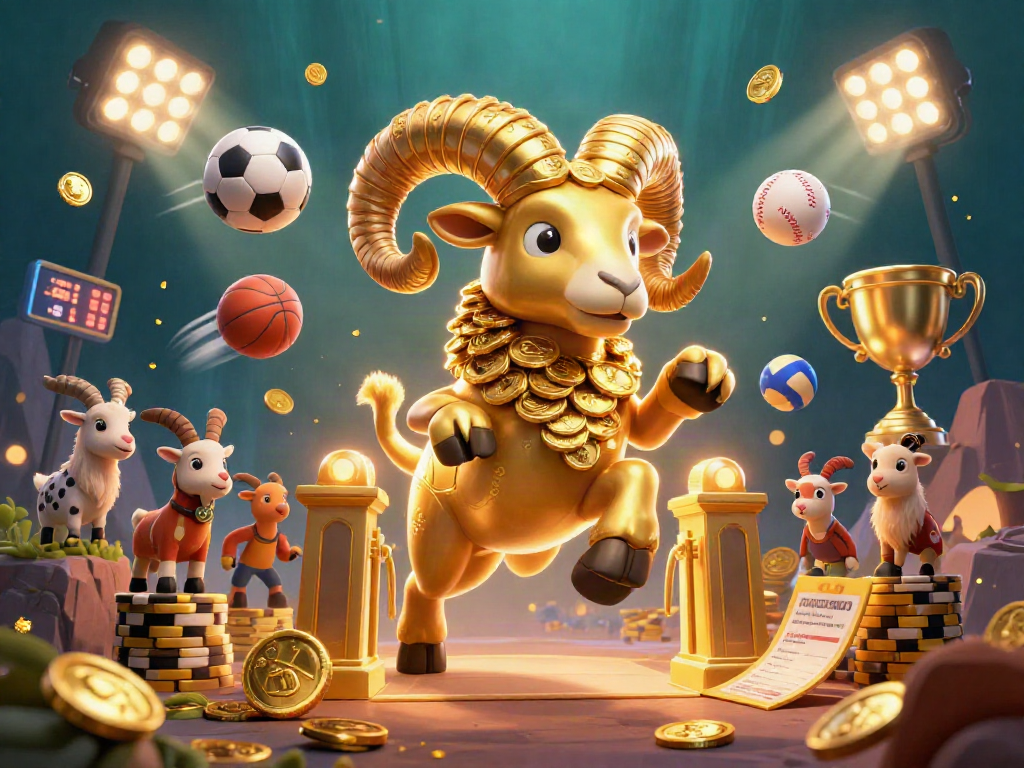 Engage with thrilling action at 789WIN as the golden ram charges through sports-themed excitement in a vibrant casino scene.