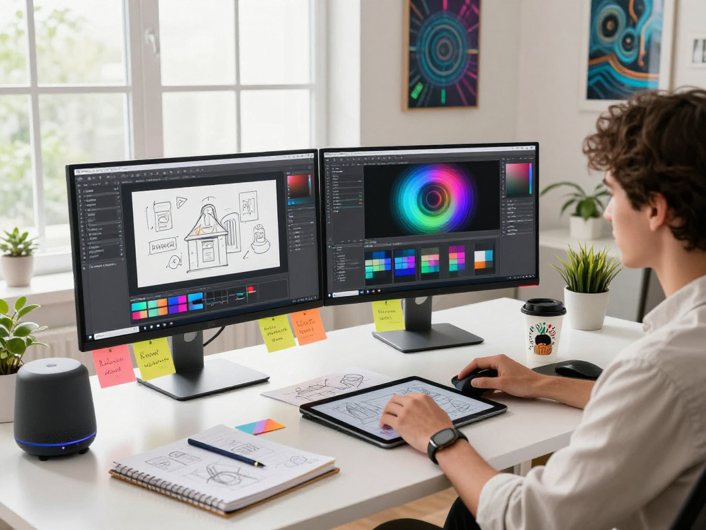 Innovative digital workspace for nsfw ai content creation with dual monitors, creative tools, and artistic elements.