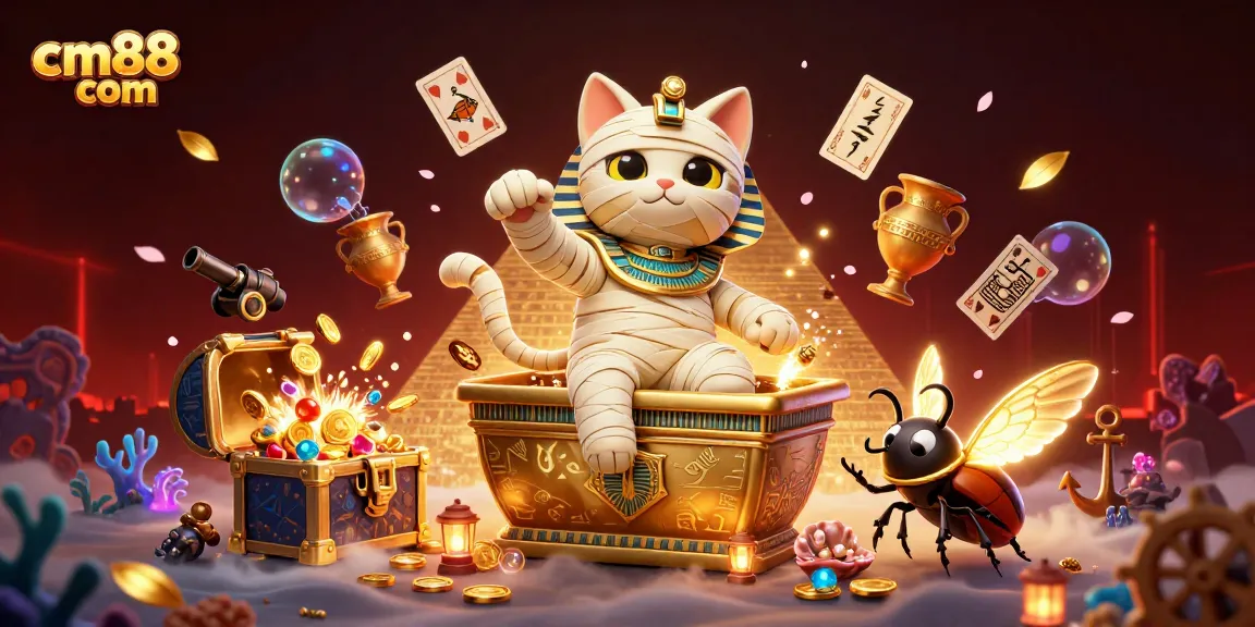 Experience thrilling gaming at cm88 com with an Egyptian mummy cat and treasures in a vibrant casino scene.