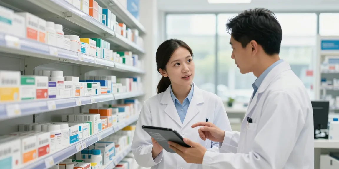 Assistant pharmacist uae collaborating in a pharmacy setting with digital tablet and organized medications.
