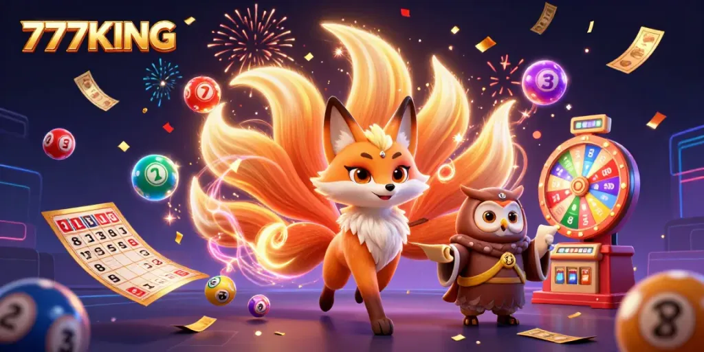 Engaging scene showcasing 777KING with playful lottery elements and vibrant characters celebrating wins.