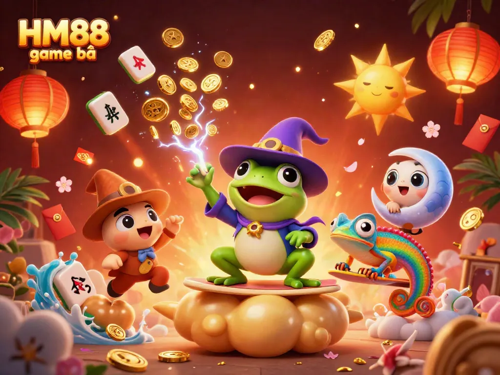 Experience the thrill of HM88 game bài with a vibrant, dynamic scene of lucky characters and casino elements.