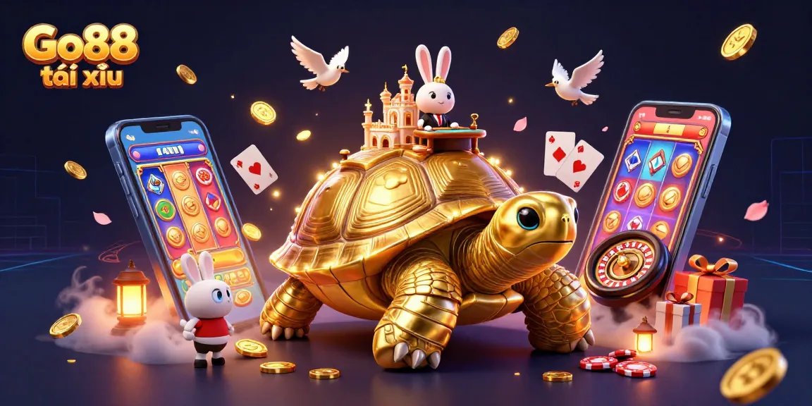 Experience Go88 tài xỉu with a vibrant 3D casino scene featuring a tortoise casino and a rabbit dealer.
