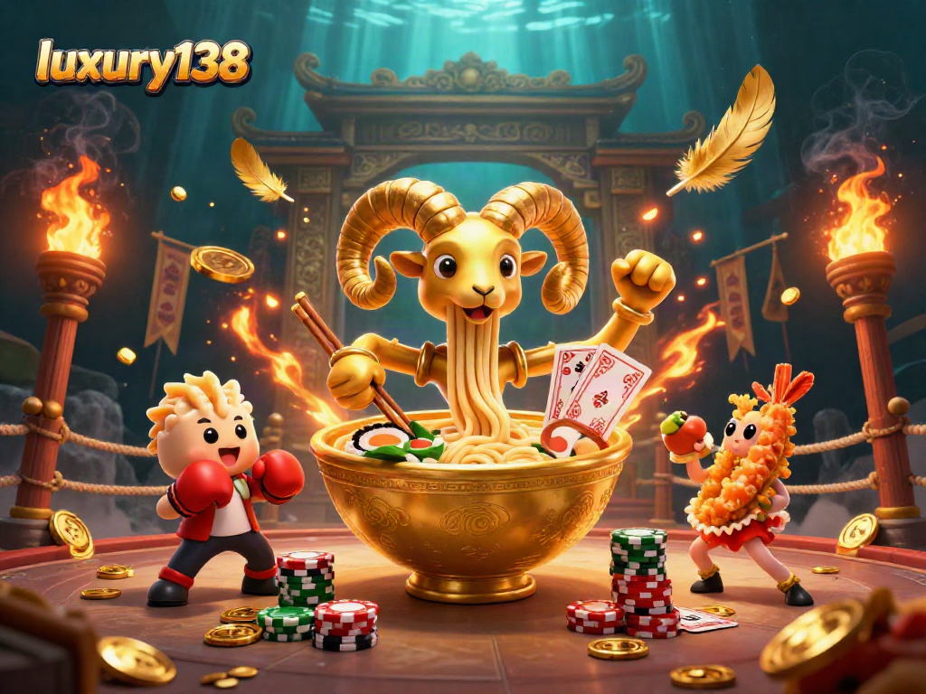 Experience fast-paced gaming at luxury138 with a golden ramen bowl dealer, a sushi roll assistant, and cheerful tempura shrimp.