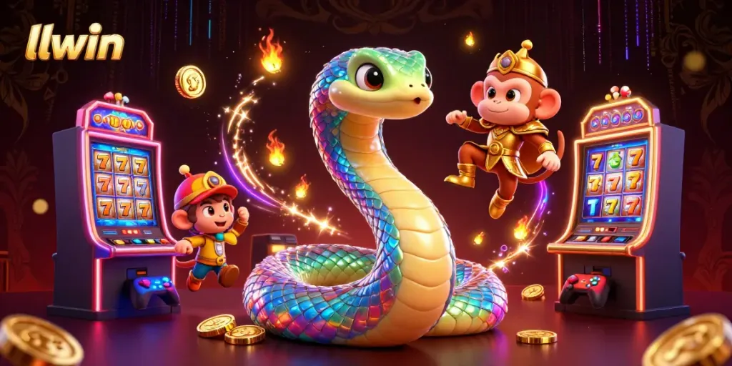 Experience the thrill at llwin with a colorful 3D scene of a serpent, monkey king, and vibrant slot elements.