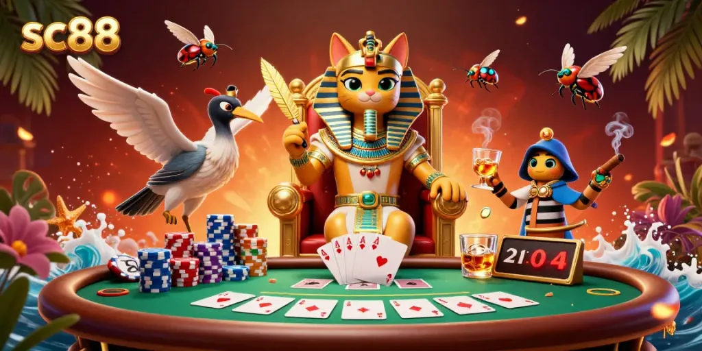 Experience the thrill of sc88 with a 3D casino scene showing a pharaoh cat and poker elements.
