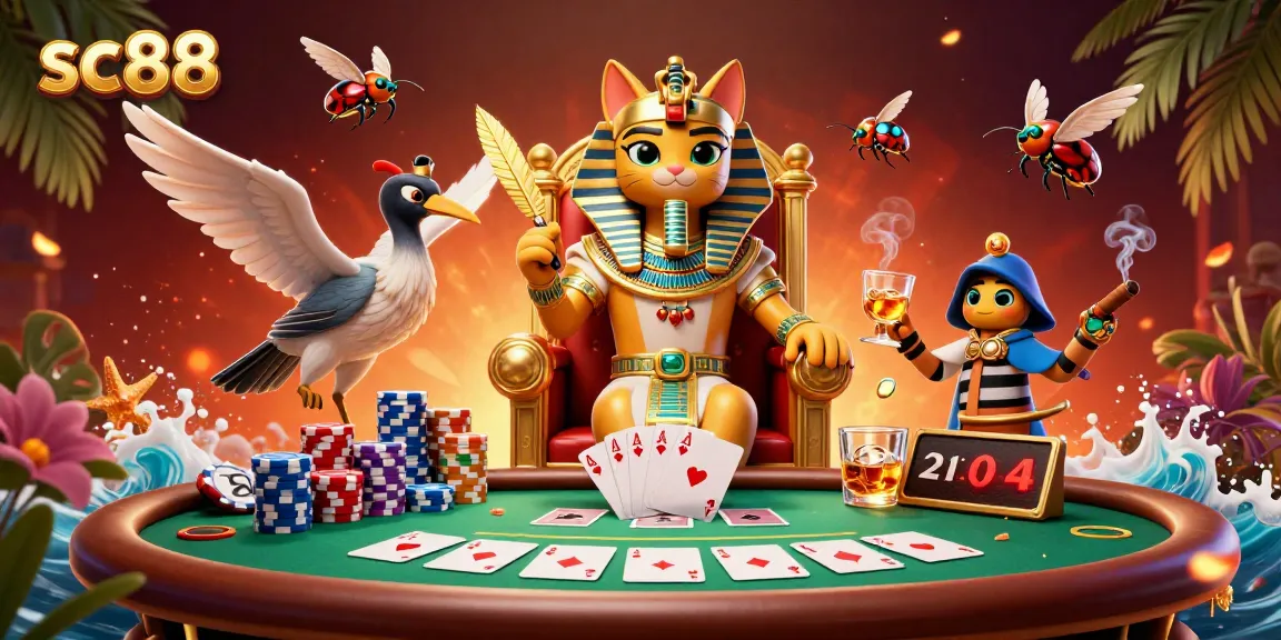 Experience the thrill of sc88 with a 3D casino scene showing a pharaoh cat and poker elements.
