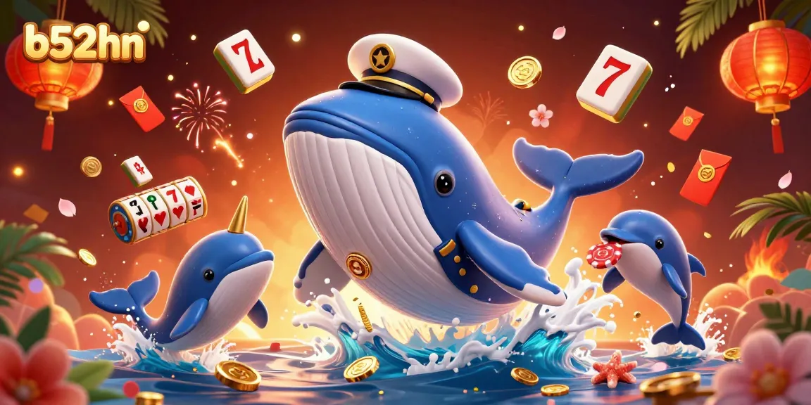 Engage with the vivid b52hn casino world, featuring a whale captain amidst jackpot symbols.
