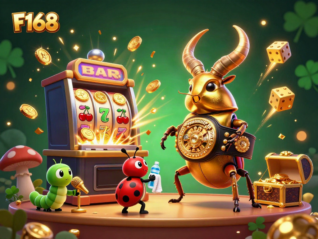 Experience the exciting world of F168 casino with a dynamic illustration featuring gambling elements and characters.