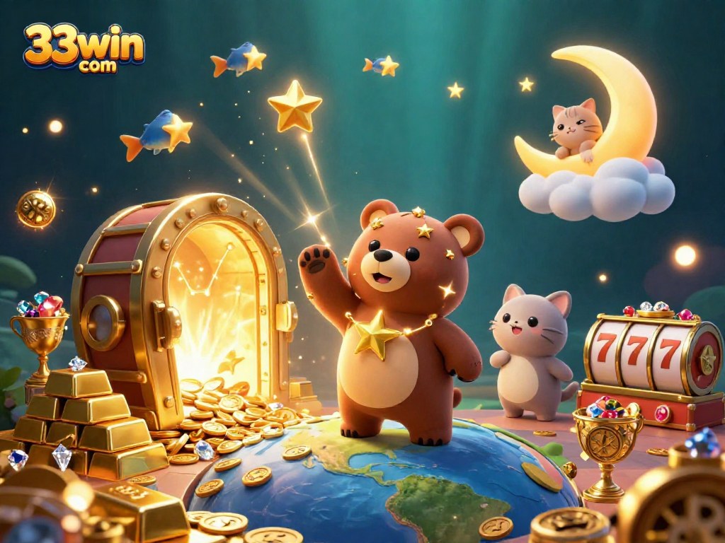 Experience thrilling wins at 33win com with a dazzling casino illustration of a 3D constellation bear and game elements.