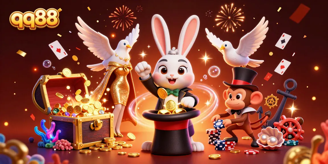 Discover exciting wins at qq88, featuring vibrant characters interacting with casino elements, enhancing your gaming adventure.