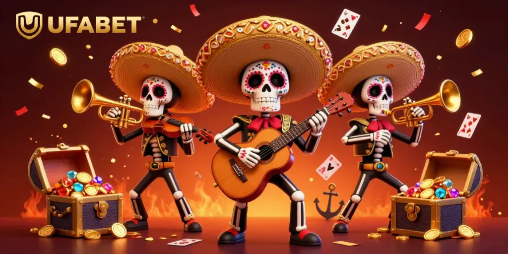 UFABET promotes excitement with a vibrant mariachi band celebrating in a color-rich casino atmosphere.