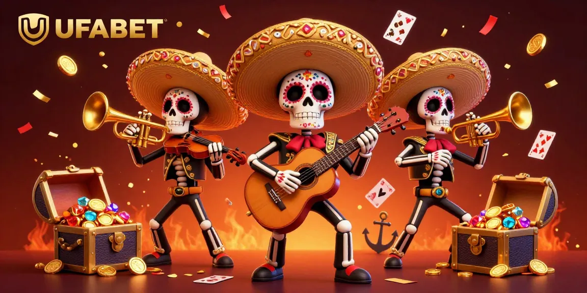 UFABET promotes excitement with a vibrant mariachi band celebrating in a color-rich casino atmosphere.