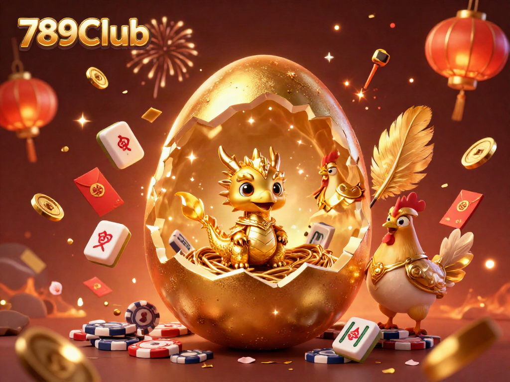 Join the excitement at 789Club with a baby dragon and golden poker chips amidst festive celebrations.