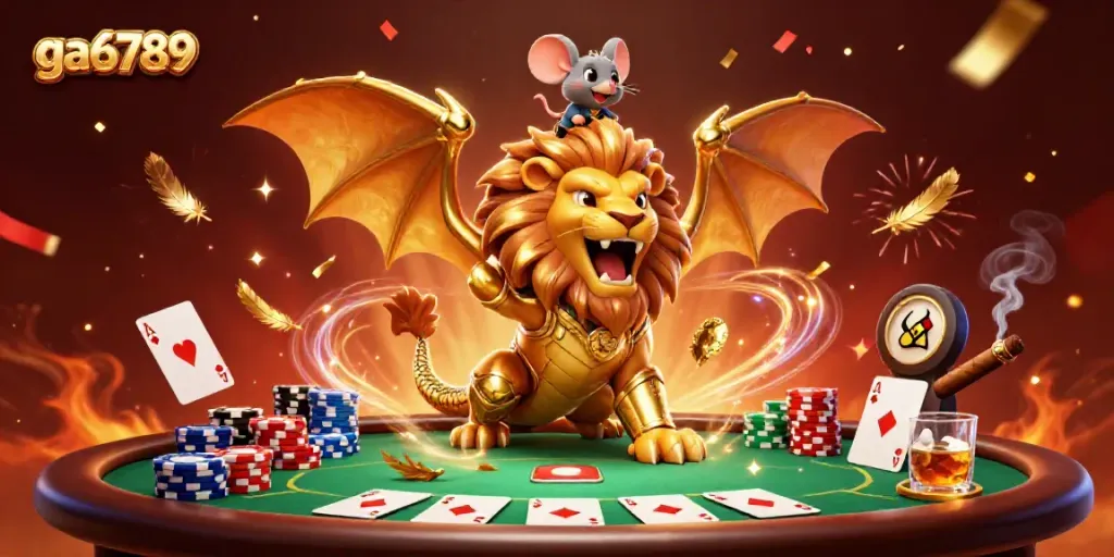 Experience thrilling poker wins with ga6789 under fiery celebration effects and a victorious chimera.