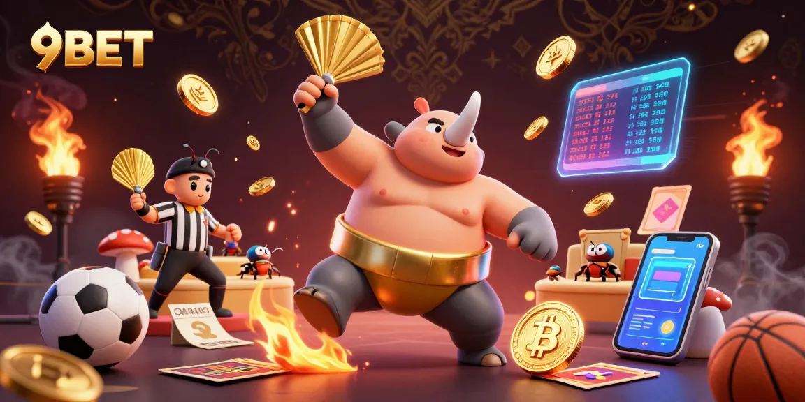 9BET sports betting illustration with a rhinoceros beetle champion and dynamic elements showcasing winning strategies.