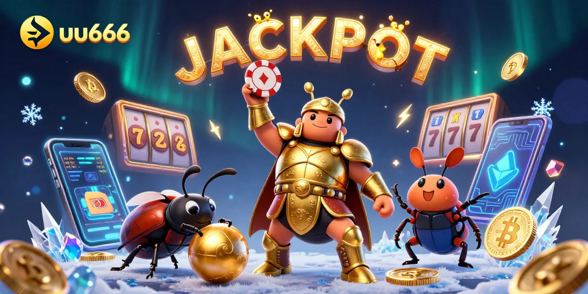 uu666 showcases a victorious beetle in gladiator armor lifting a poker chip in a vibrant casino scene.