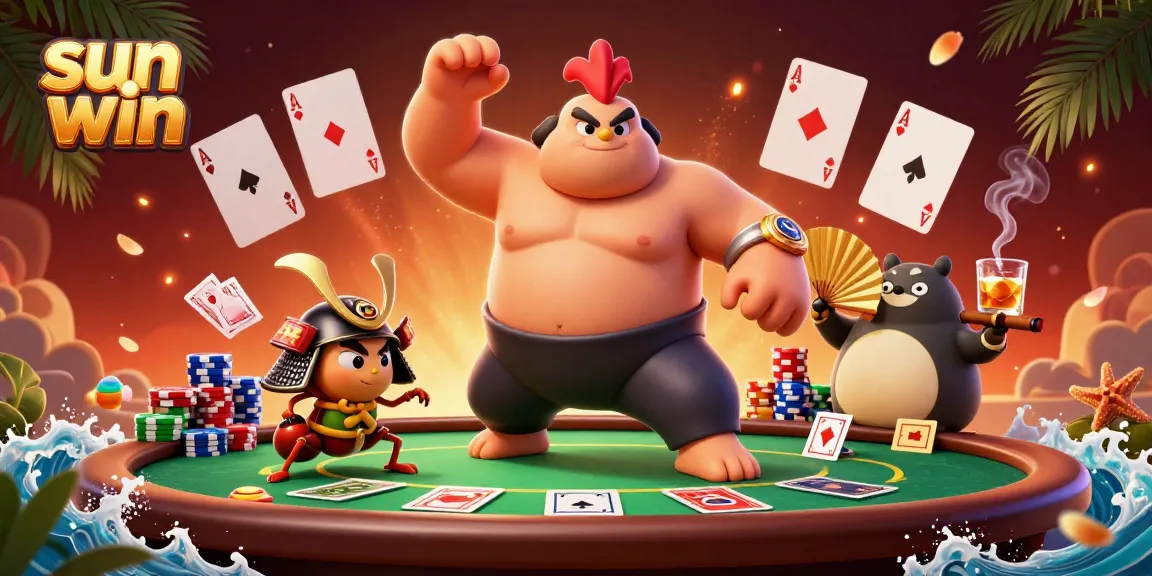 Engage with sun win's thrilling poker showdown, featuring dynamic characters and vibrant casino elements.
