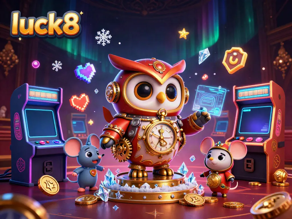 Engage in thrilling gameplay at luck8, featuring a time-traveling owl and vibrant casino elements.