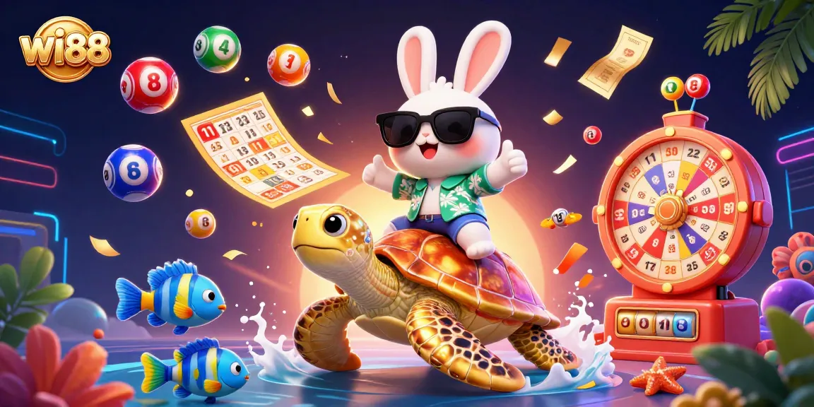 Engage in thrilling games at wi88 with a lucky rabbit and golden turtle amid vibrant gambling elements.