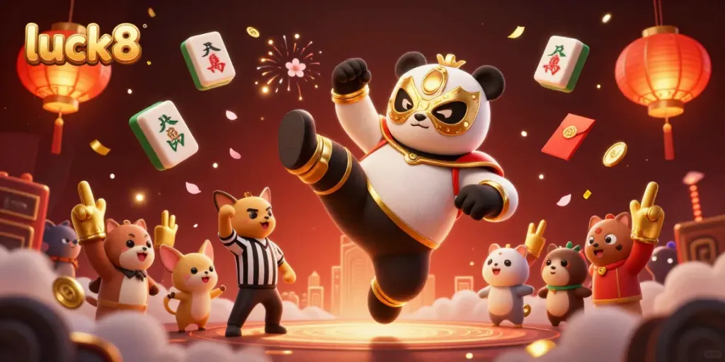 Experience the thrill of luck8 with a flying panda wrestler and cheering animal fans in a vibrant casino scene.