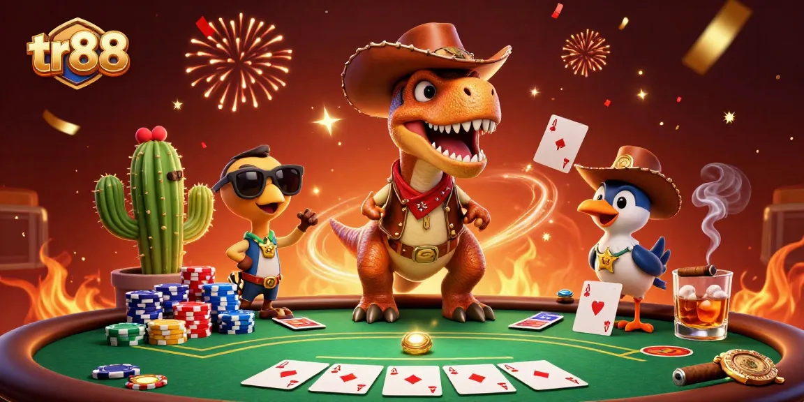 tr88 showcases a lively poker scene with T-Rex, a cactus, and a roadrunner celebrating wins.