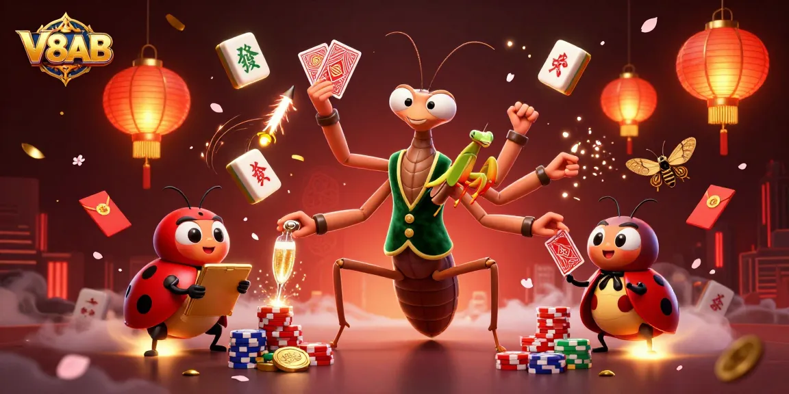 V8AB casino scene showcasing a giant praying mantis dealer and ladybug pit boss in vibrant, dynamic illustration.