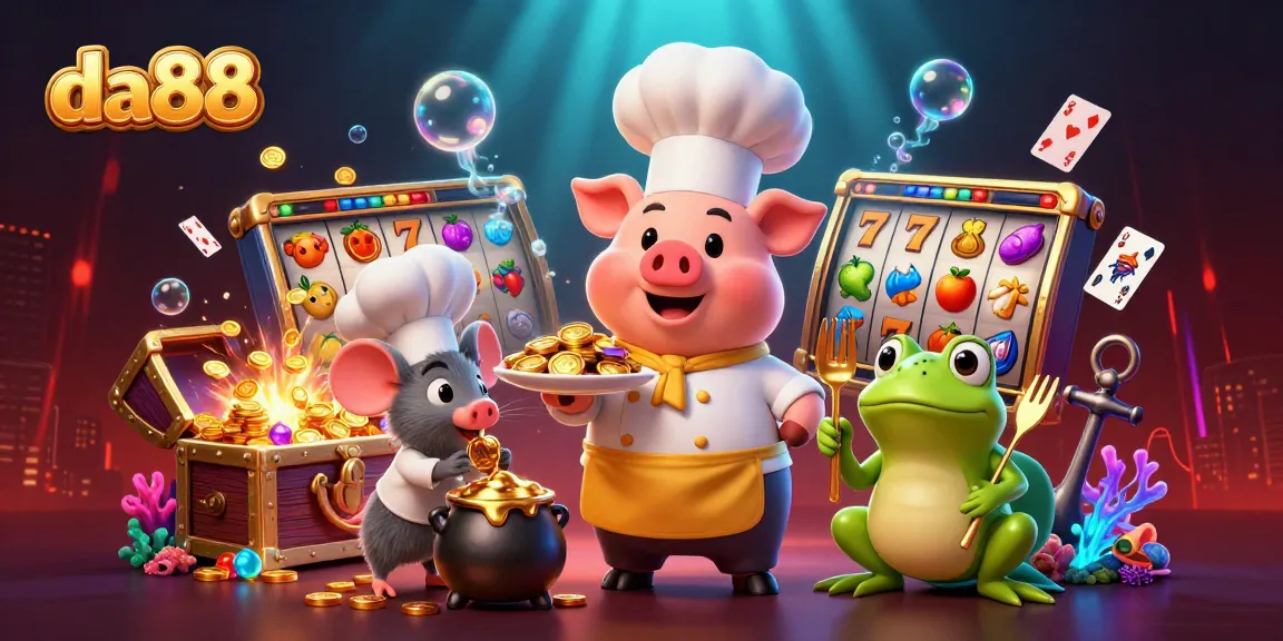 Engage in the da88 slots experience as the chef pig serves golden coins amidst vibrant casino elements.
