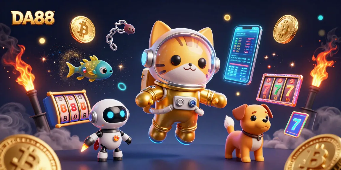 Experience thrilling gameplay with DA88 through this vibrant casino-themed illustration featuring a joyful astronaut cat.