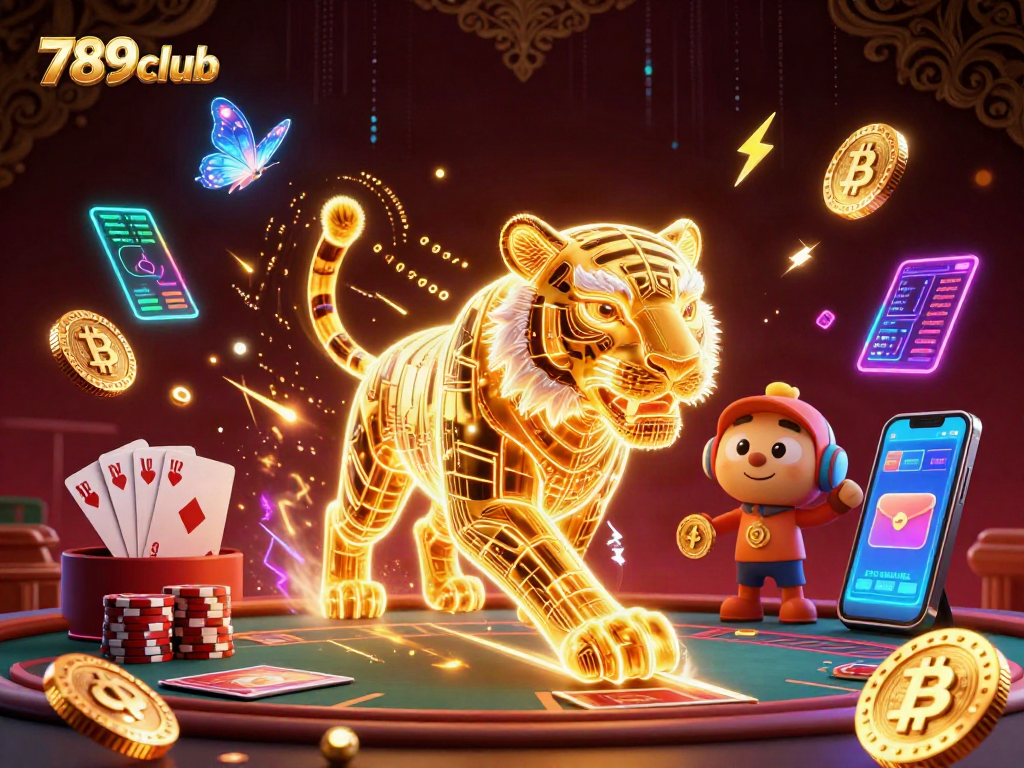 Experience the thrilling action of 789club with vibrant casino elements and a stunning 3D golden tiger.