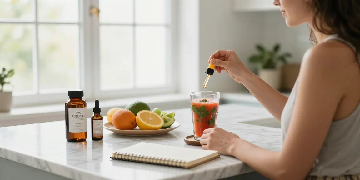 THC vape juice and CBD oil tincture on a kitchen counter promoting natural wellness.