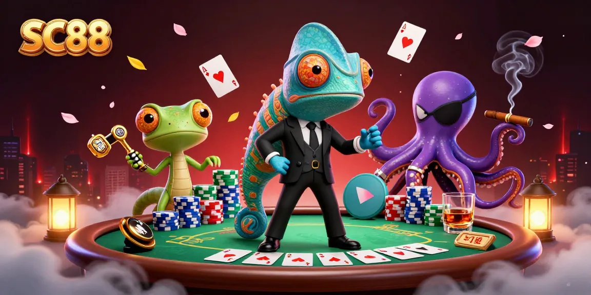 Experience thrilling gameplay at SC88 with a vibrant scene featuring poker action, colorful chips, and dynamic characters.