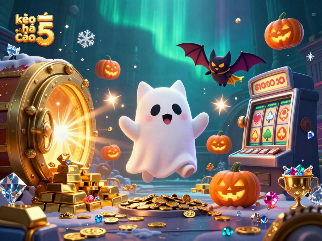 Engage with kèo nhà cái 5 in a vibrant 3D scene showcasing a ghost cat in a haunted casino with eye-catching treasures.