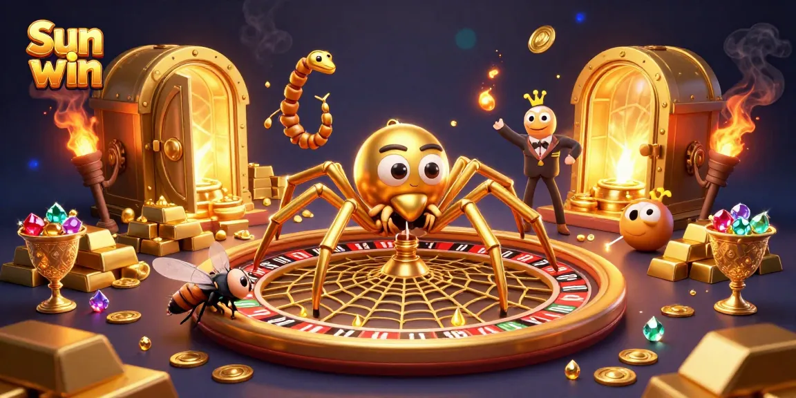 Experience the thrill with Sun win: a 3D scene of gold and excitement in online gaming.