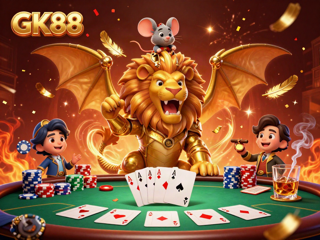 Experience GK88's thrilling casino scene with a triumphant chimera and dynamic poker elements.