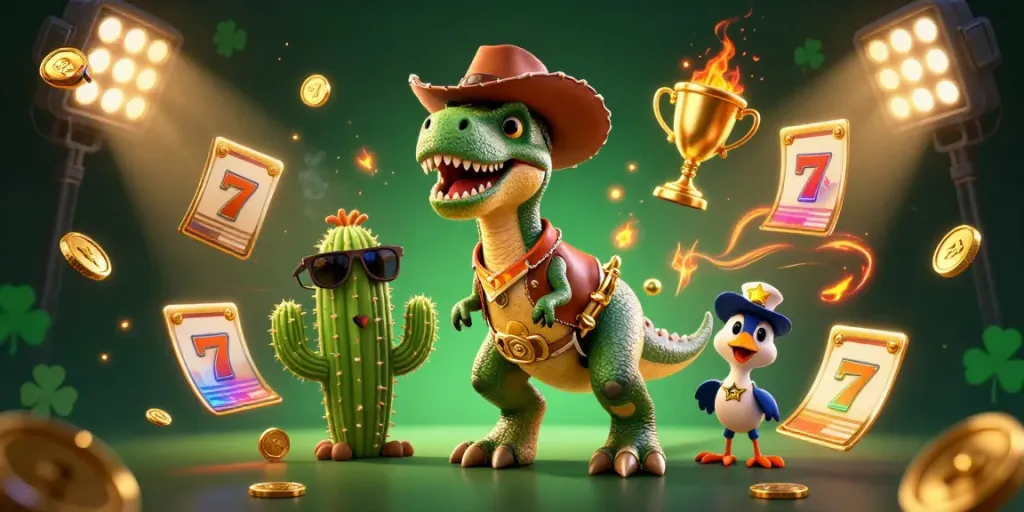 Engaging slot game scene with T-Rex, cactus, and roadrunner surrounded by colorful casino elements.
