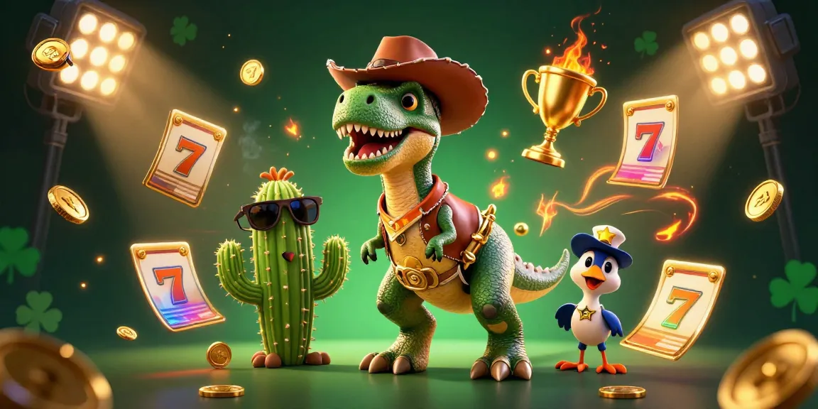 Engaging slot game scene with T-Rex, cactus, and roadrunner surrounded by colorful casino elements.