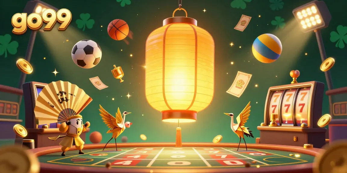 Experience gaming excitement at go99 with this dynamic 3D casino scene featuring lucky symbols and vibrant elements.