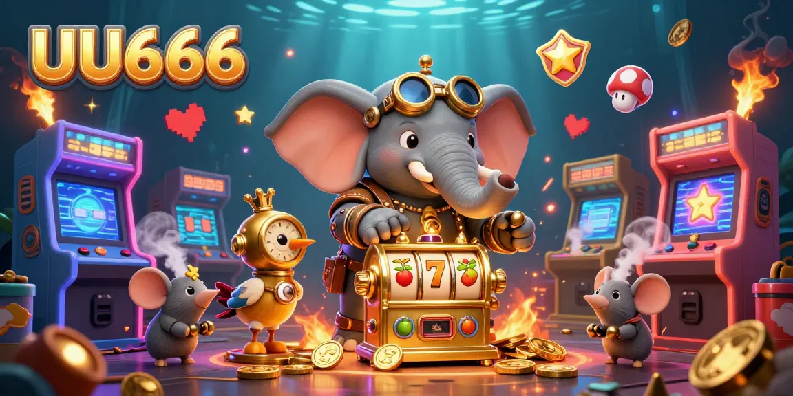 Spin the UU666 golden slot machine with a steampunk elephant engineer and colorful gaming elements.