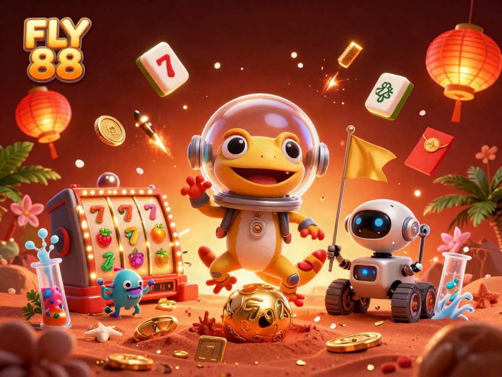 FLY 88 casino scene with a Martian gecko finding treasures, showcasing slot machines and vibrant elements.
