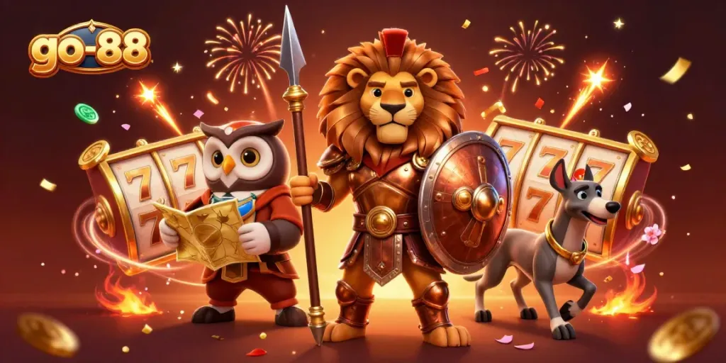 Experience thrilling gaming at go-88 with a dynamic illustration of a Spartan lion, strategic owl, and swift greyhound.