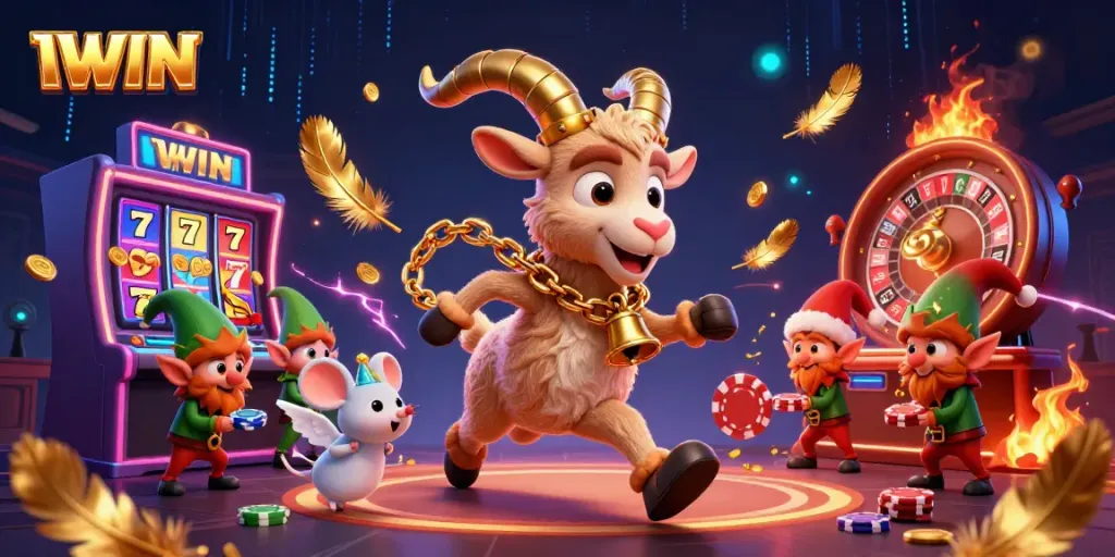 IWIN brings excitement with a lively 3D casino scene featuring cartoon characters amidst slots and poker action.