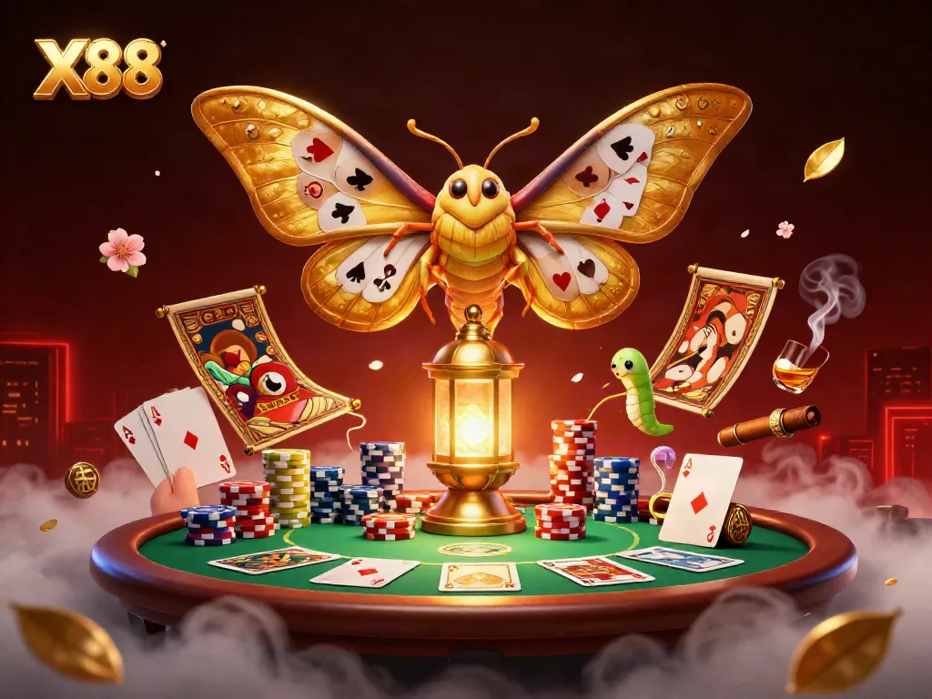 X88 showcases an intense casino scene with a majestic 3D moth and vibrant poker elements.