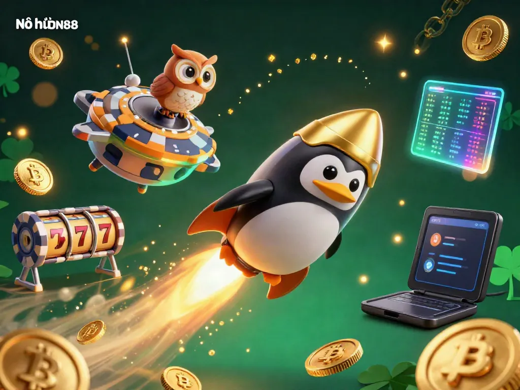 Experience the excitement of Nổ hũ DN88 with a golden penguin launching into a slot-filled casino universe.