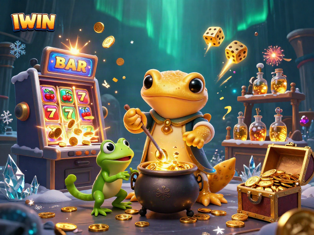 IWIN showcases a magical scene of a golden salamander alchemist and friends in a vibrant casino setting.