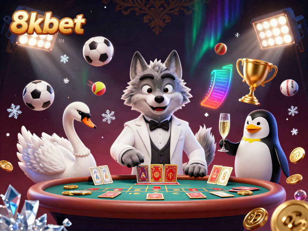 Experience thrilling gameplay with 8xbet link, featuring a wolf, swan, and penguin in action.