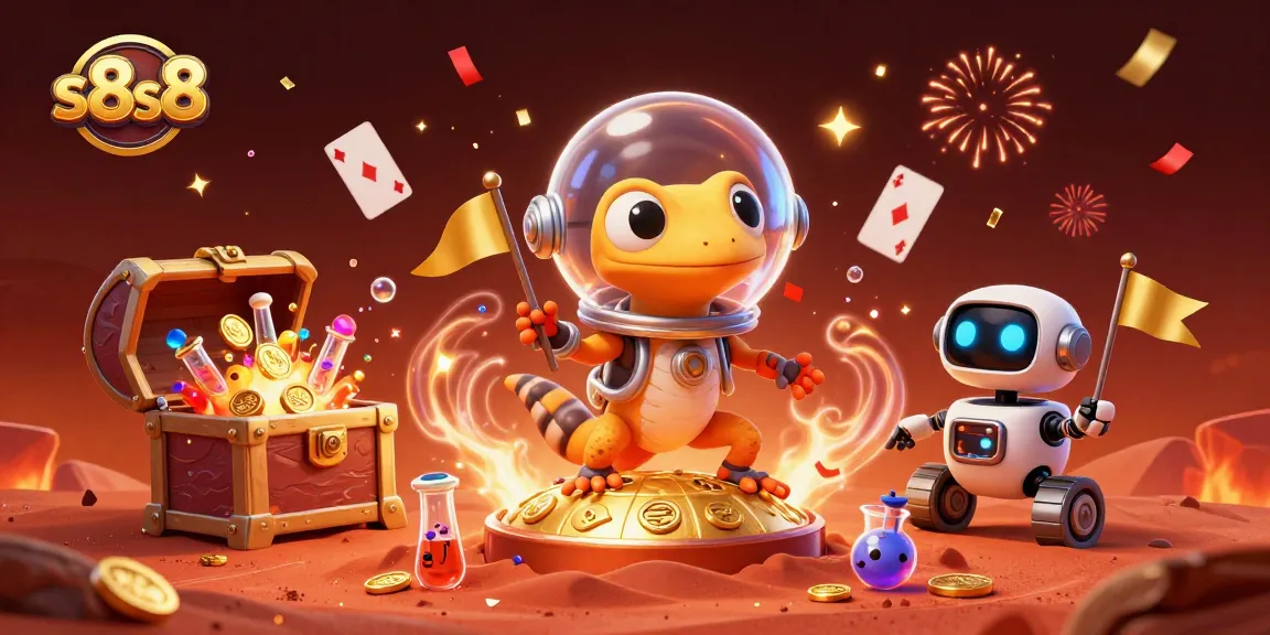 Catch the excitement at s8s8 with a Martian gecko discovering a golden casino in a vibrant cosmic environment.
