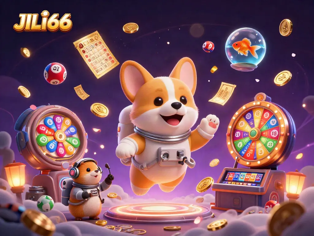 Experience the thrilling universe of JILI66 with a floating space casino scene filled with excitement and action.
