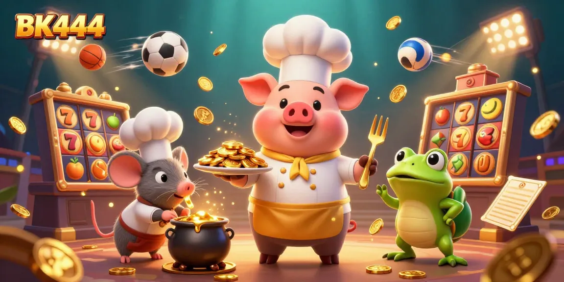 Experience thrilling gameplay at BK444, featuring cartoon characters and dynamic gambling elements in a vibrant casino scene.