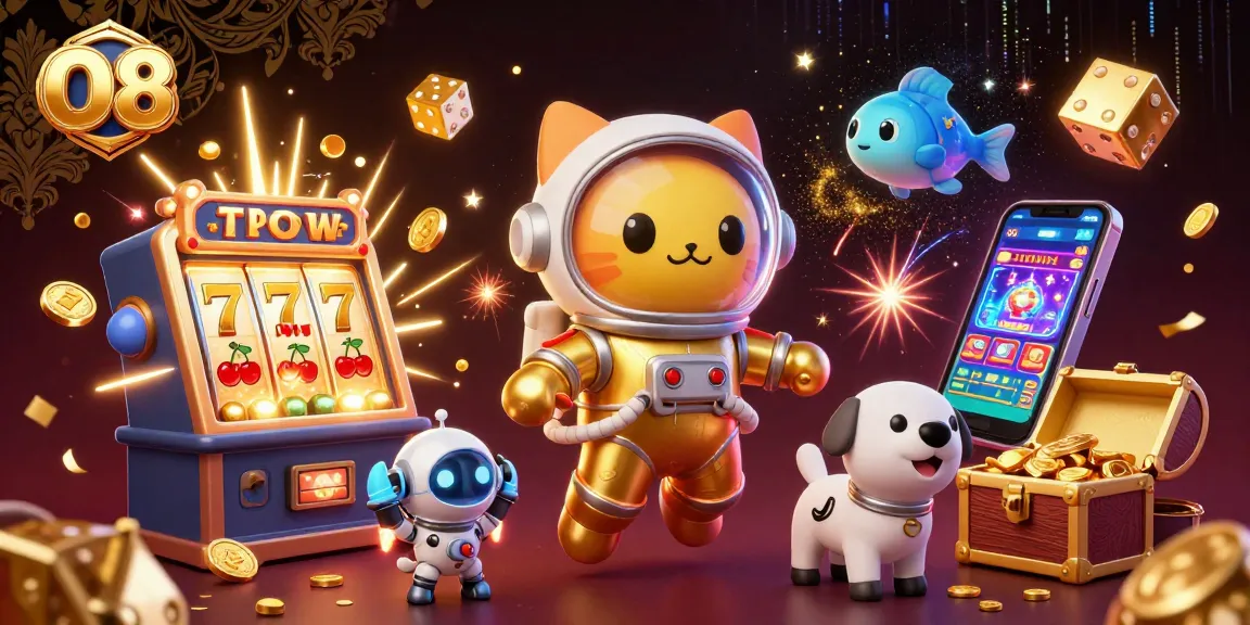 O8 space-themed jackpot scene with a golden astronaut cat, robot dog, and slot machine features.